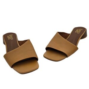 Franco Sarto Asymmetrical Leather Slide Sandals Tan Square Toe Block Heel Size 8